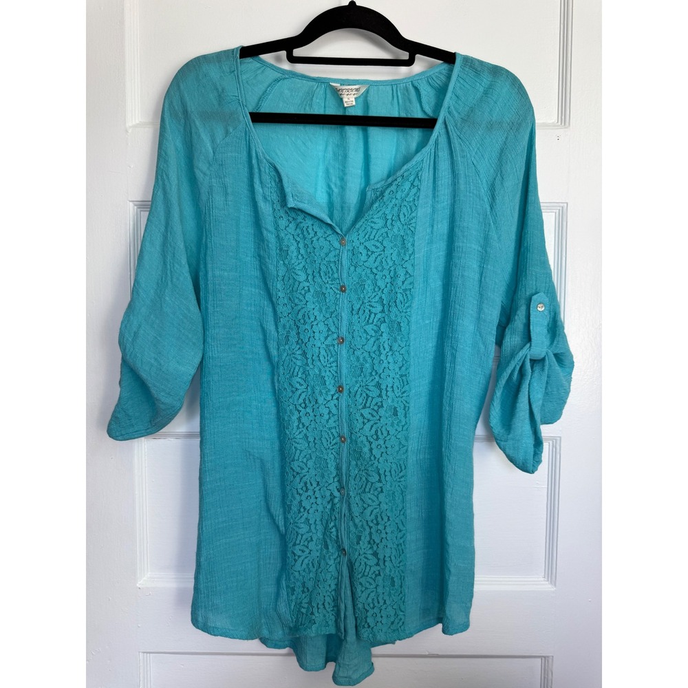 Tantrums Turquoise Blue Lace Panel Roll Tab Sleeve Crinkle Blouse XL